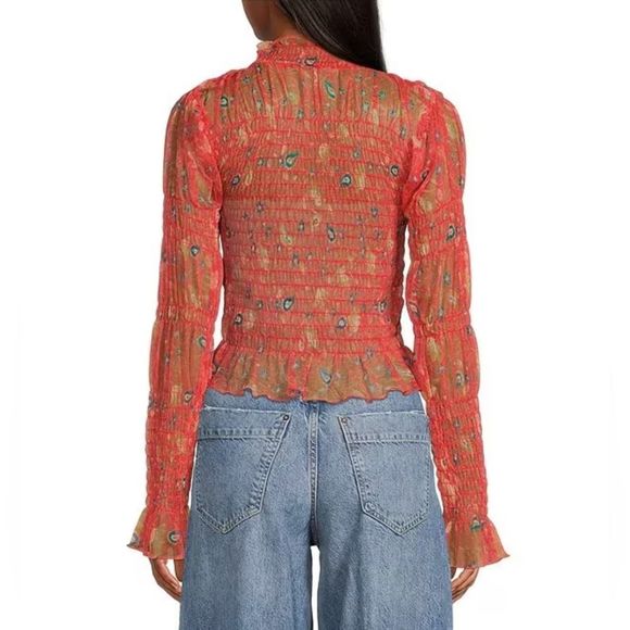 Free People Floral Shirred Mesh Bell Sleeve Fairycore Hippie Rock Top XL - Picture 8 of 14